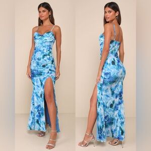 Cowl-Neck Corset Bodice Blue Floral Maxi Dress